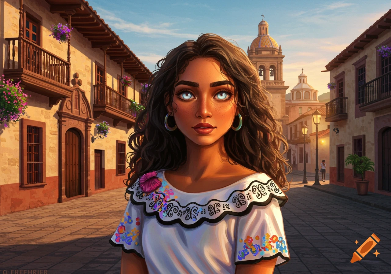Digital illustration of a Latina woman with dark curly hair and pale blue eyes, in an embroidered blouse, on a sunny old town street.