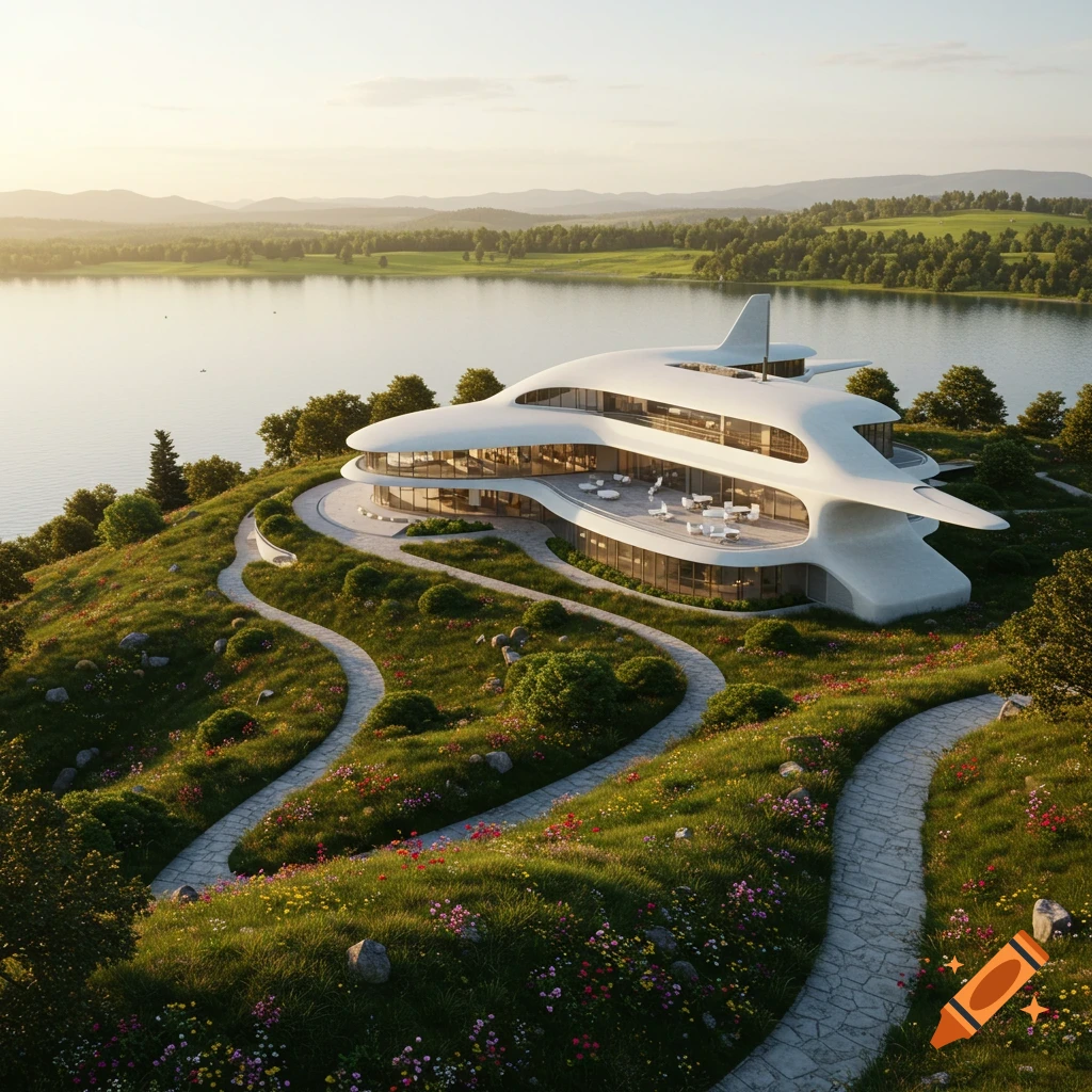 A sleek, white modern building with curved lines on a grassy hill overlooking a lake at sunset, with winding stone paths.