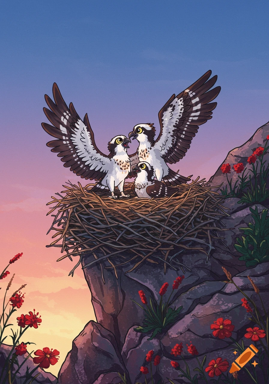 Two semi-cartoon ospreys and a chick in a nest on a rocky cliff with red flowers, at sunset.