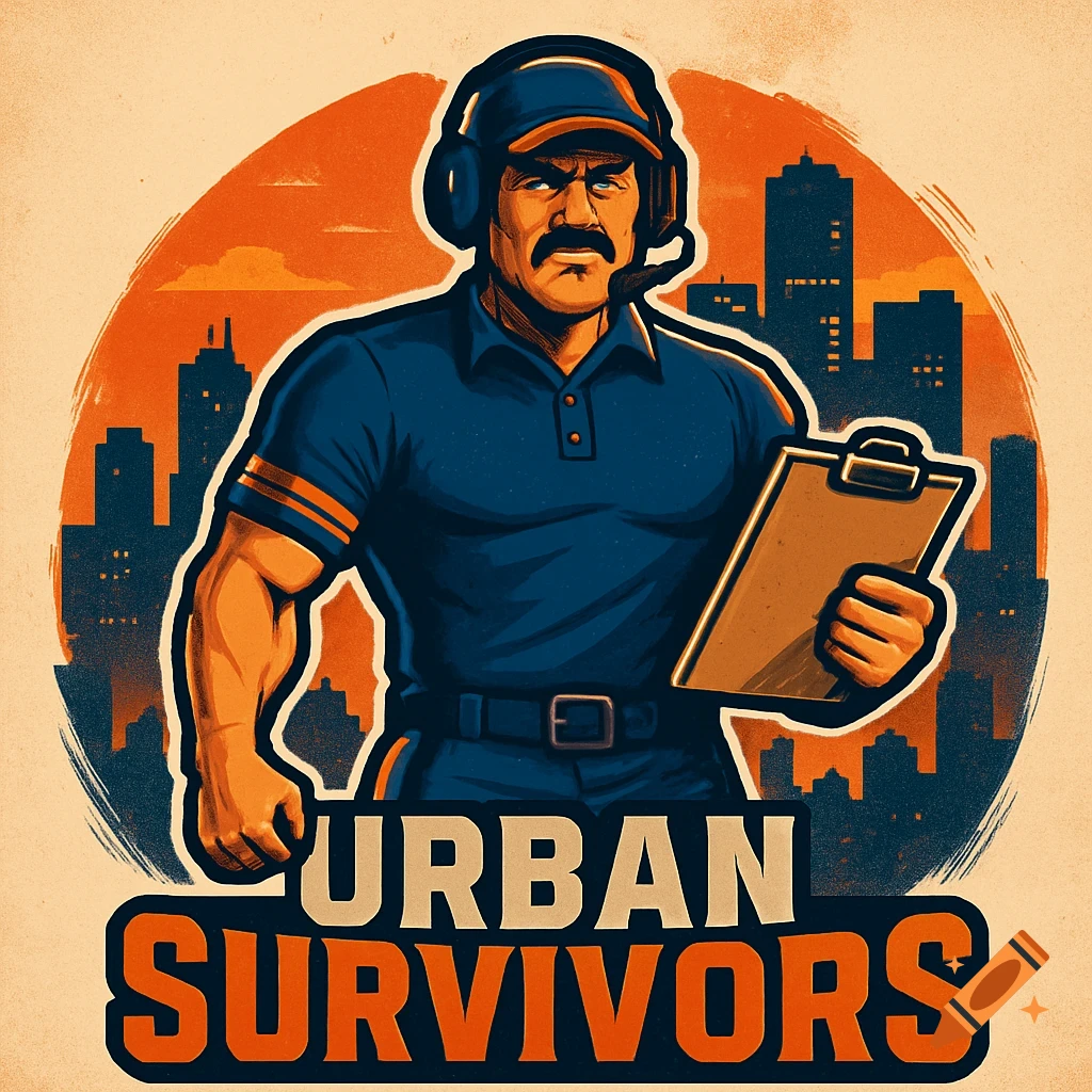 A retro illustration of a muscular man with a mustache, headset, and cap, holding a clipboard in front of an orange city skyline. The text 'URBAN SURVIVORS' is below.