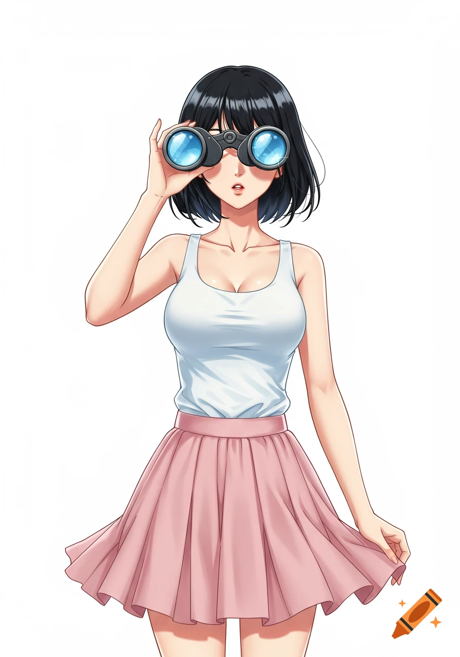 Anime woman with black bob hair, white tank top, pink pleated skirt, looking through binoculars on white background.