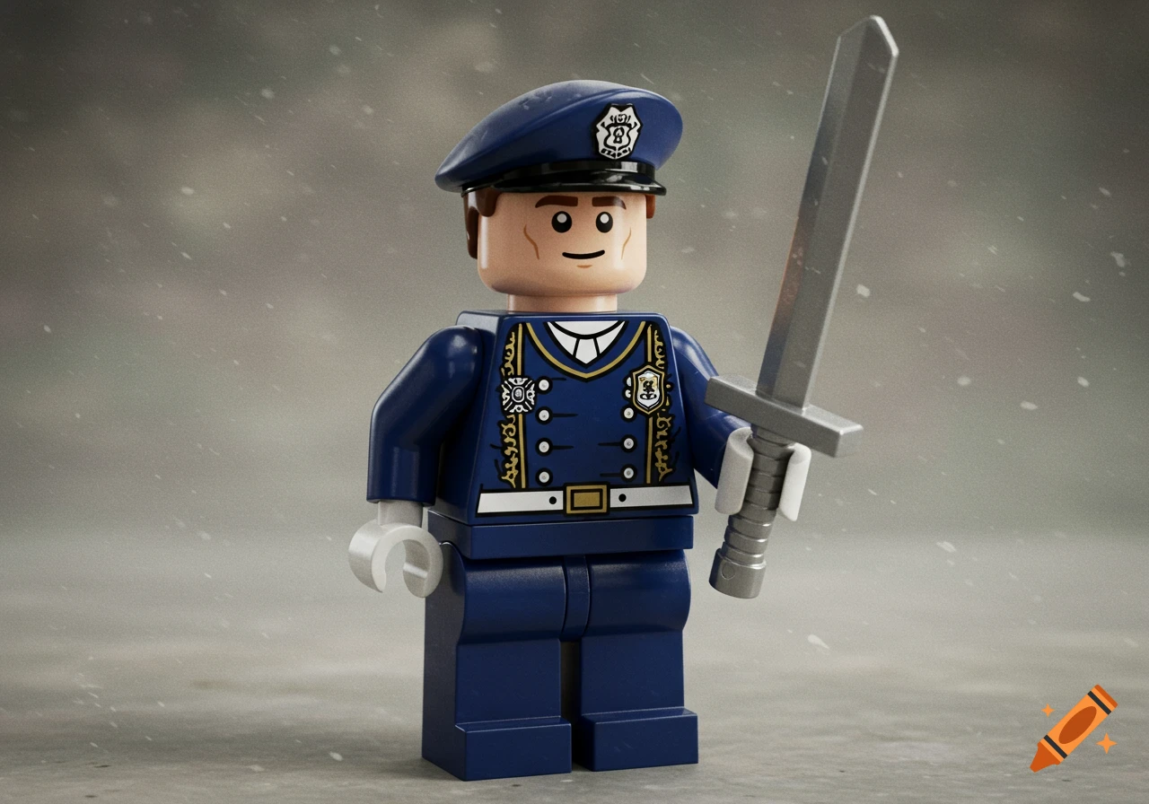 A Lego character dressed in a blue ceremonial uniform with gold trim, white gloves, and a blue beret, holding a silver sword. The background is a blurry grey with white flecks.