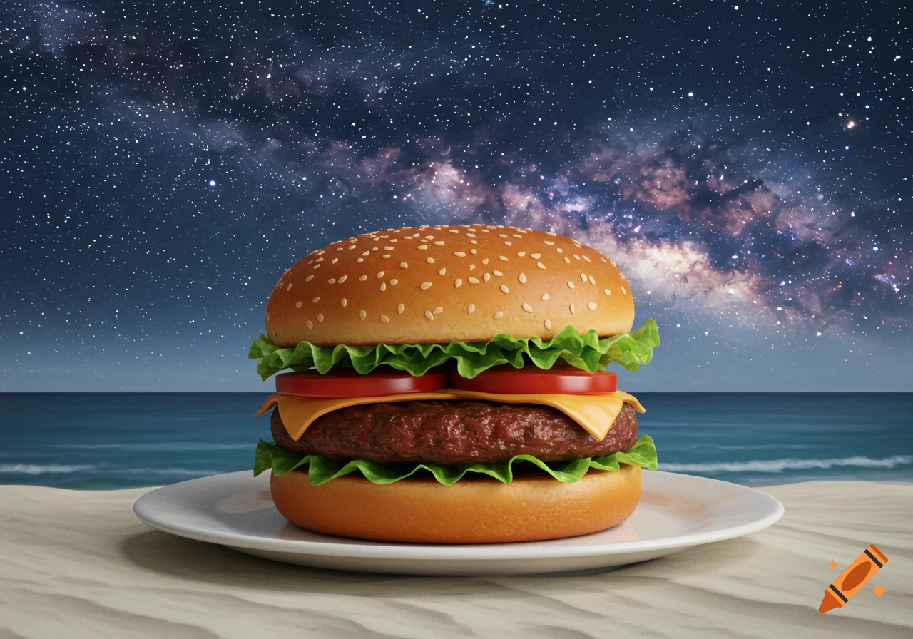 Photorealistic burger on a white plate on a sandy beach, with a calm ocean and a vibrant starry night sky in the background.