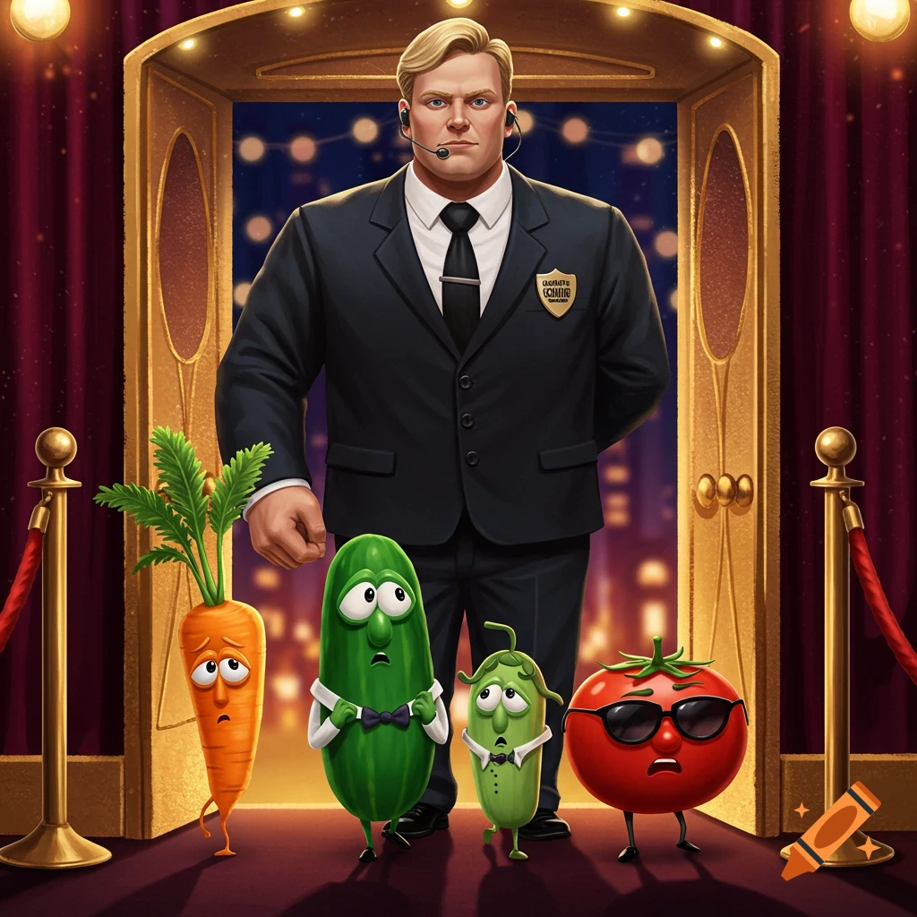A blonde security guard blocks four worried anthropomorphic vegetables on a red carpet in front of an exclusive club entrance, cartoon style.
