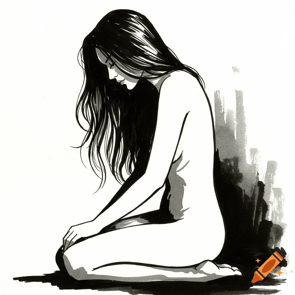 Black and white ink sketch of a kneeling woman with long hair looking down.