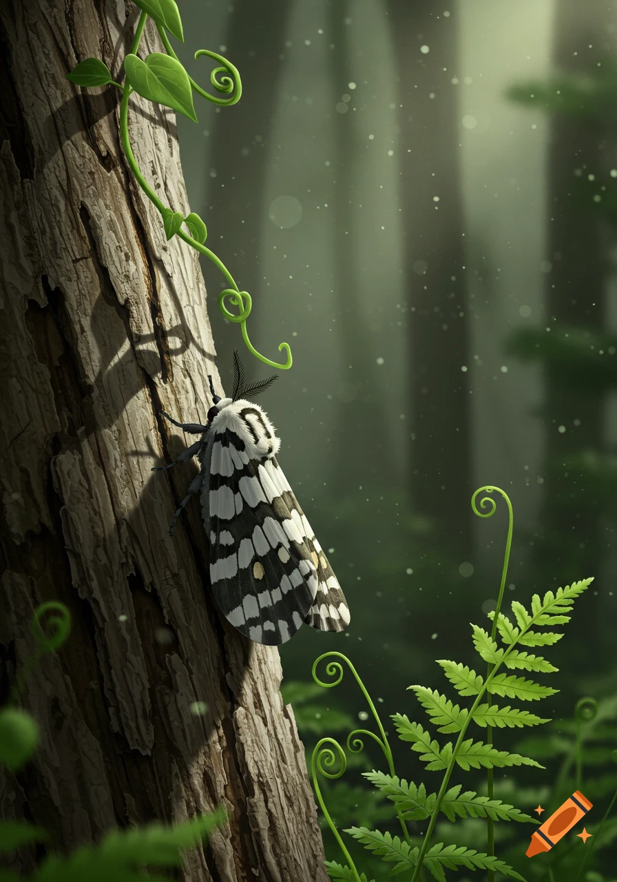 A black and white moth with yellow spots rests on a textured tree trunk, surrounded by green vines and ferns in a soft, misty forest.
