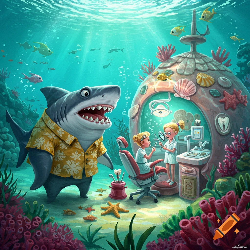 Cartoon shark in a Hawaiian shirt getting teeth checked by two dentists in an underwater dental office, vibrant and colorful.