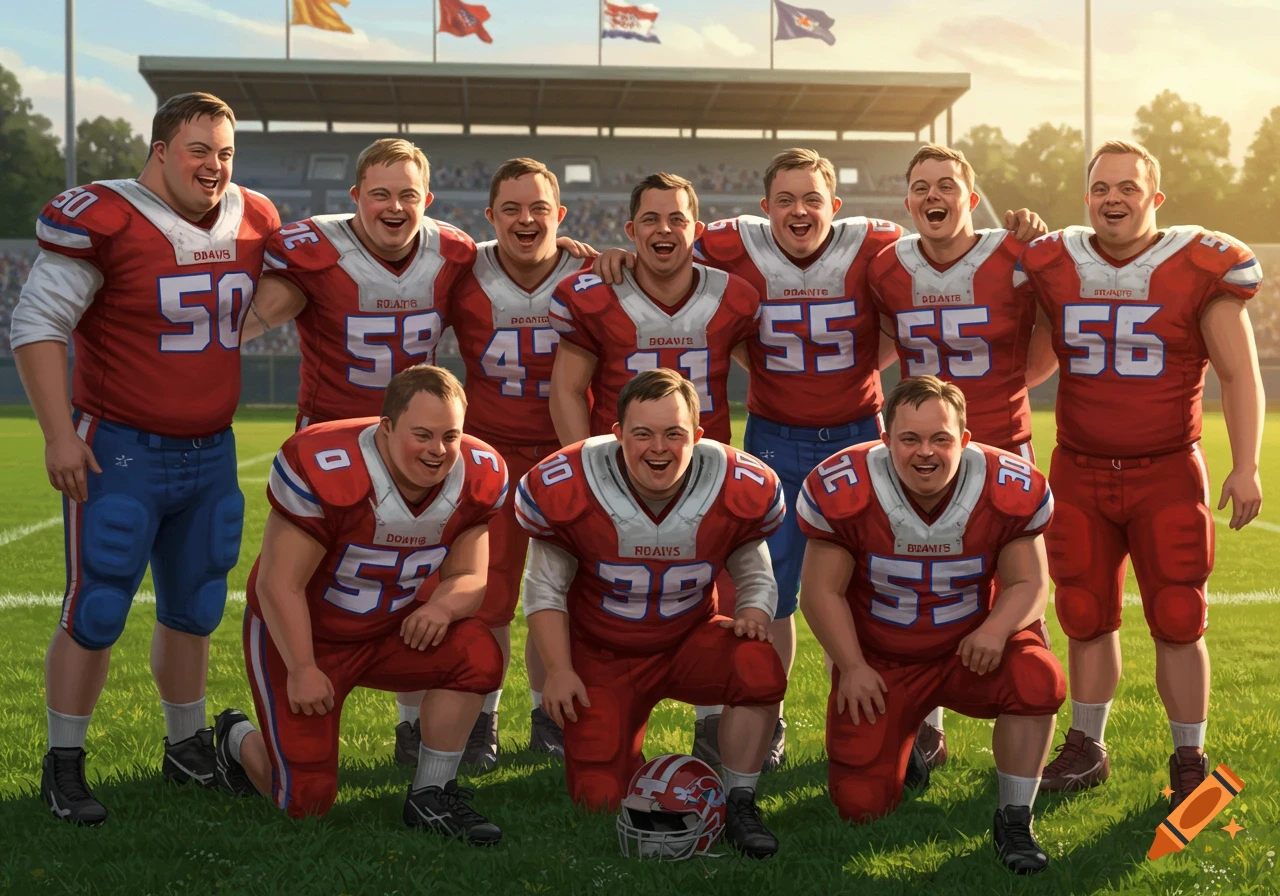 A group of smiling men with Down Syndrome in red and white American football uniforms pose on a sunny field in front of a stadium.