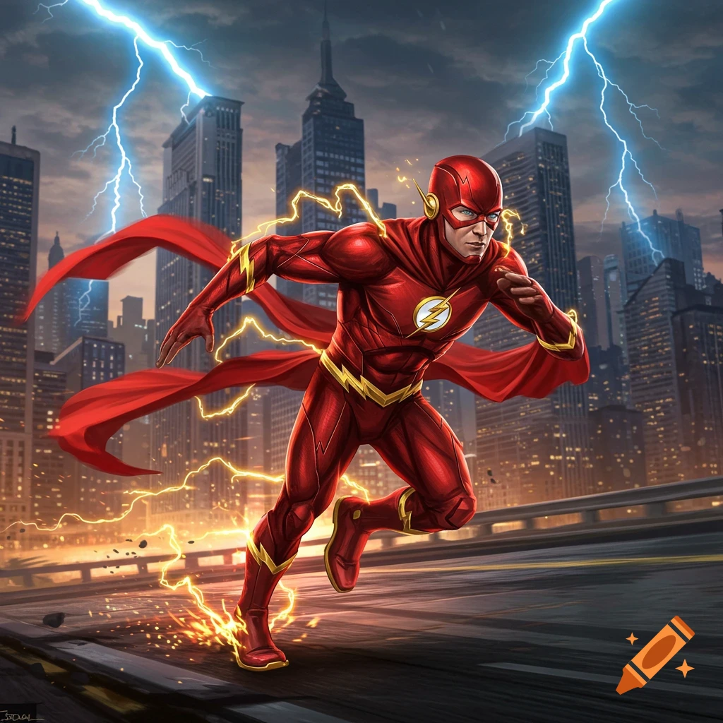The Flash, a superhero in a red suit, runs at super speed through a city street at dusk with lightning strikes.