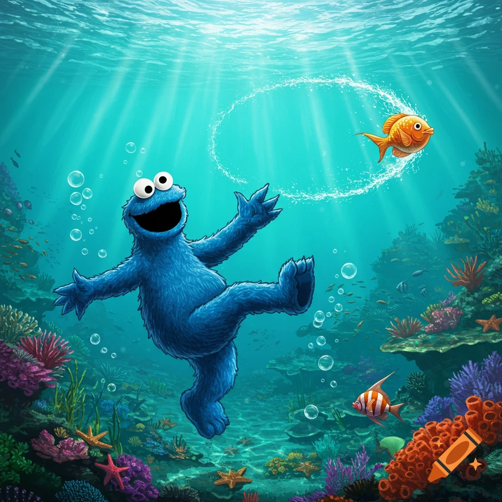 Cookie Monster floating happily in a vibrant underwater coral reef, surrounded by fish and bubbles, a goldfish creating a water ring.
