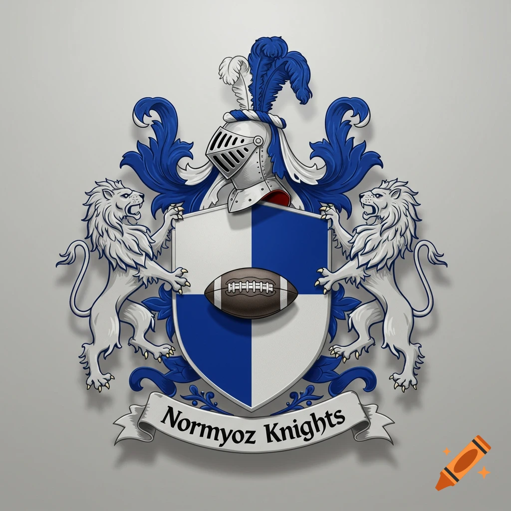 A blue and white coat of arms with two lions, a knight's helmet, a football, and the text 'Normyoz Knights' on a banner.