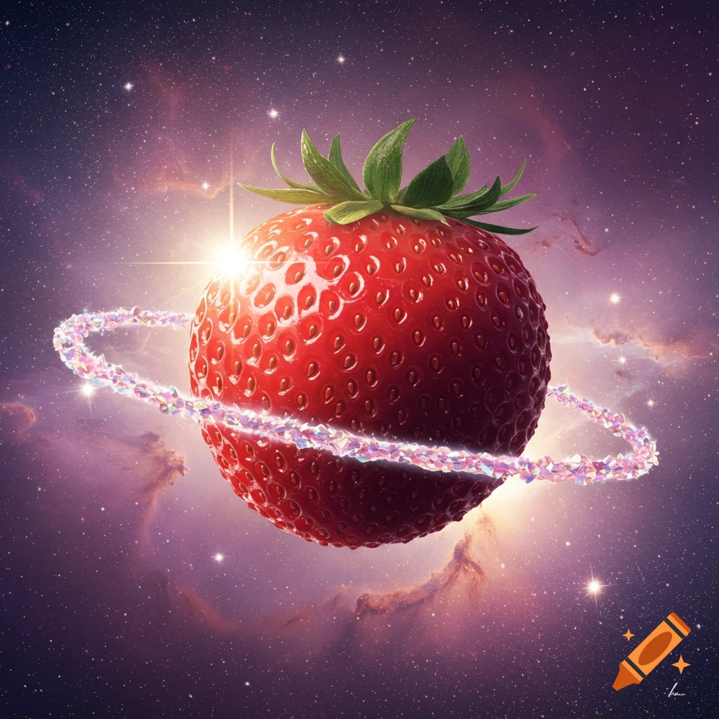 Photorealistic image of a giant strawberry as a planet with a glittering ring, against a purple starry galaxy.
