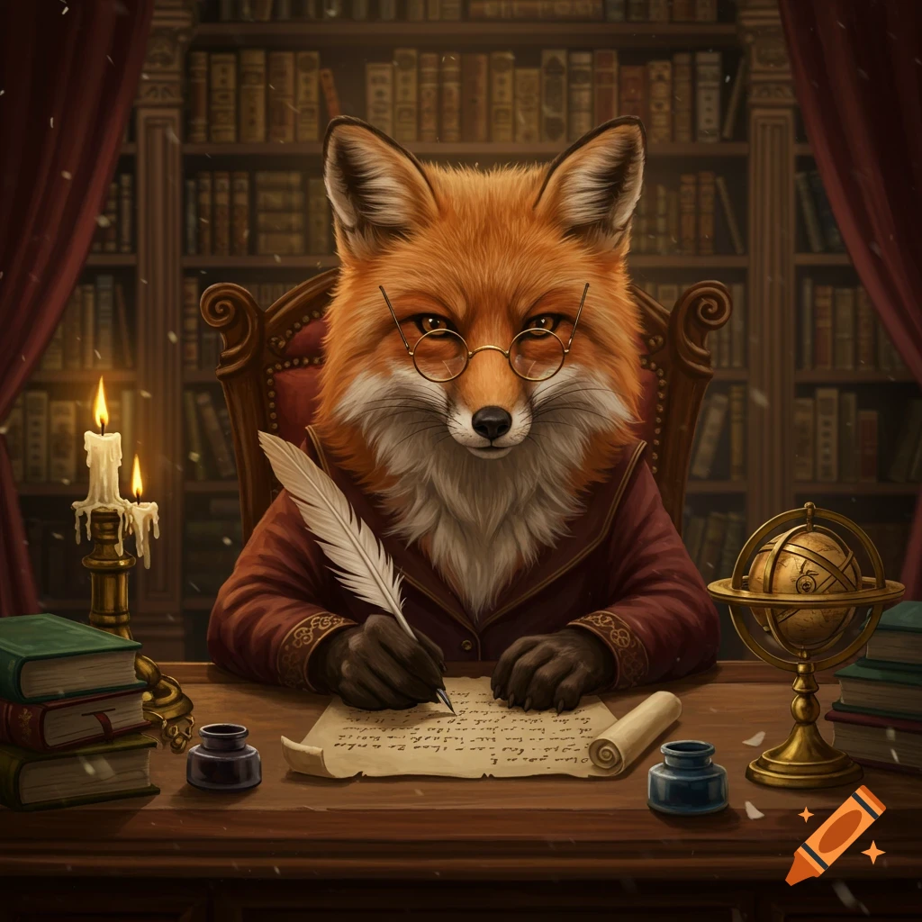 A scholarly red fox with glasses sits at a desk, writing with a quill in a dimly lit Victorian library.