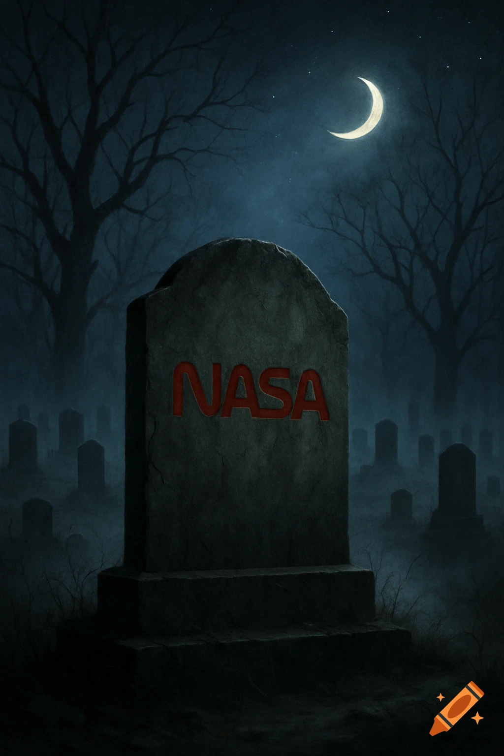 A dark, foggy graveyard at night with a prominent tombstone inscribed 'NASA' in red. A crescent moon shines above bare trees.