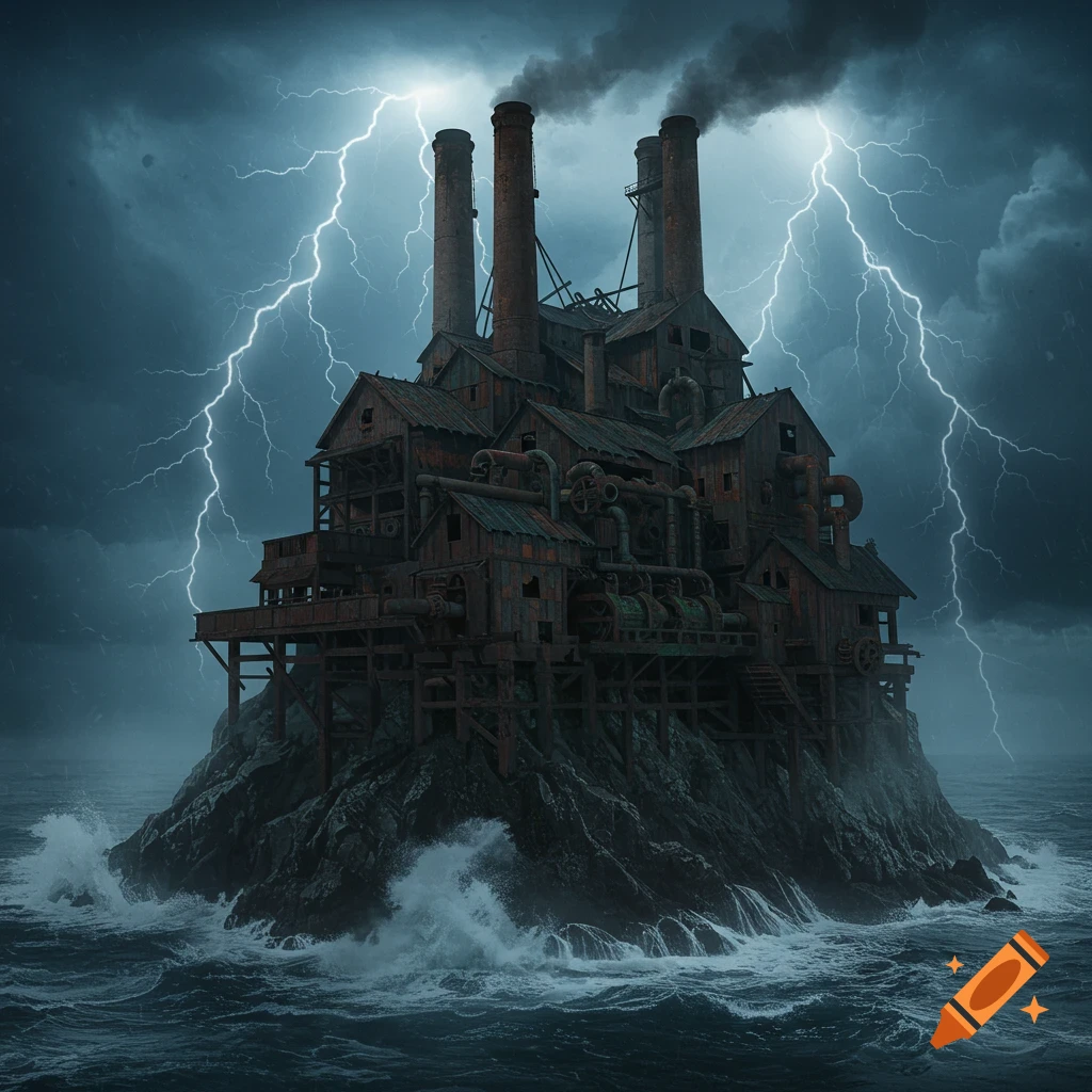 A steampunk whaling factory on a rocky island in a stormy sea with lightning strikes in a dramatic, dark atmosphere.