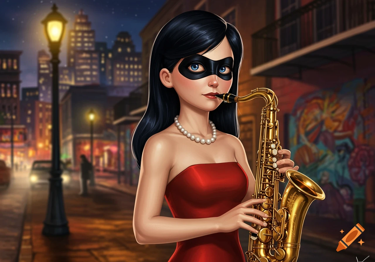 Stylized illustration of Violet from The Incredibles in a red dress and mask, playing a saxophone on a city street at night.