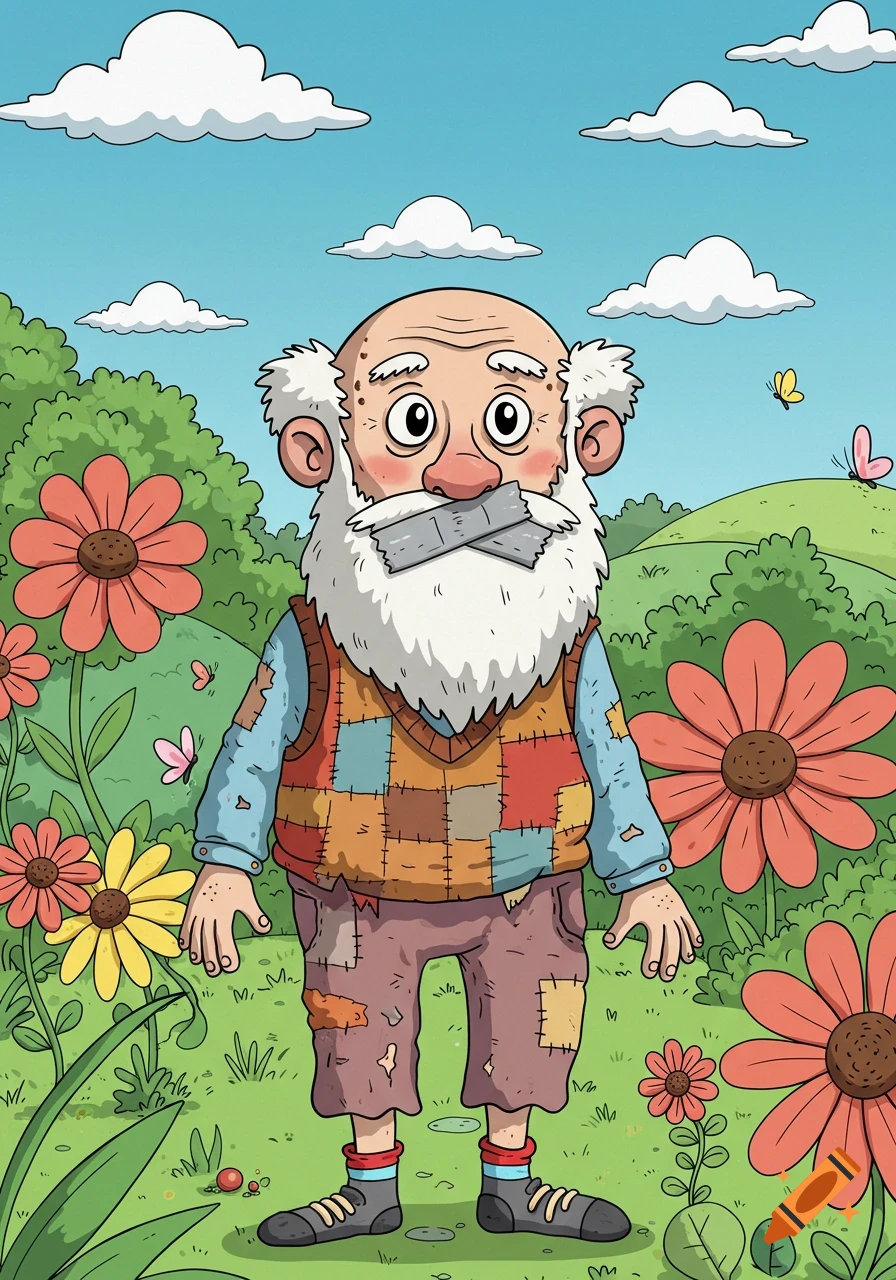 Cartoon old man with a white beard and duct tape on his mouth, wearing patched clothes, standing in a field of colorful flowers under a blue sky.