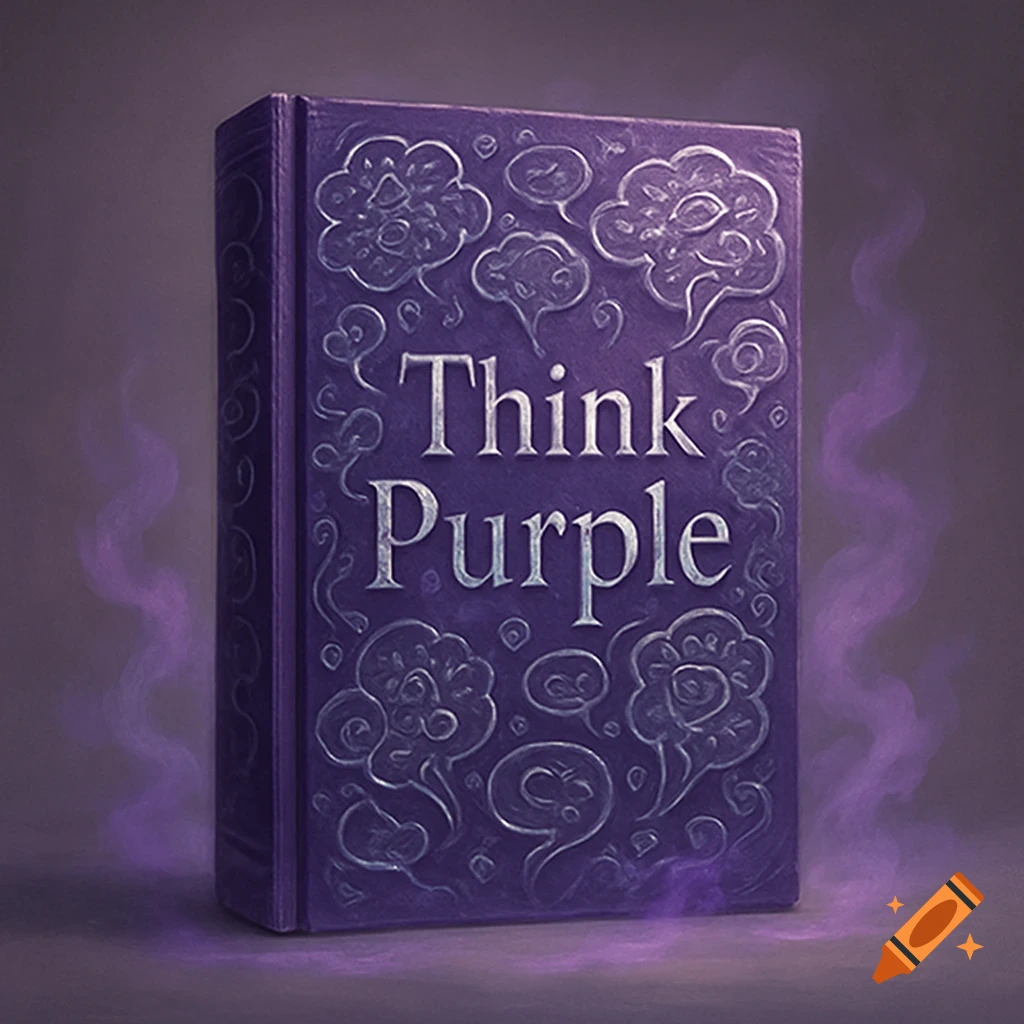 A mystical purple book with intricate embossed designs and the title "Think Purple" on its cover, surrounded by subtle purple wisps.