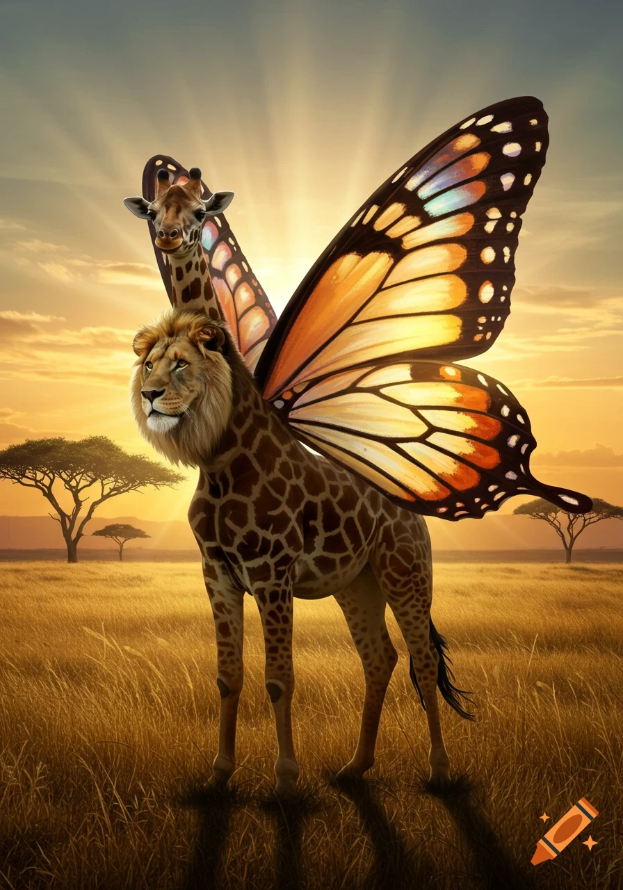 A fantastical creature with a lion's head, giraffe's body, and butterfly wings stands in a golden savanna at sunset.