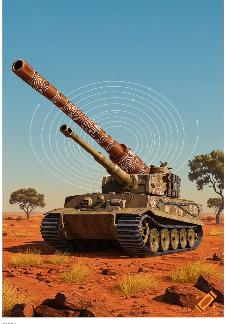 A Tiger II tank with its main cannon replaced by a didgeridoo decorated with aboriginal art patterns, sitting in a red desert landscape.