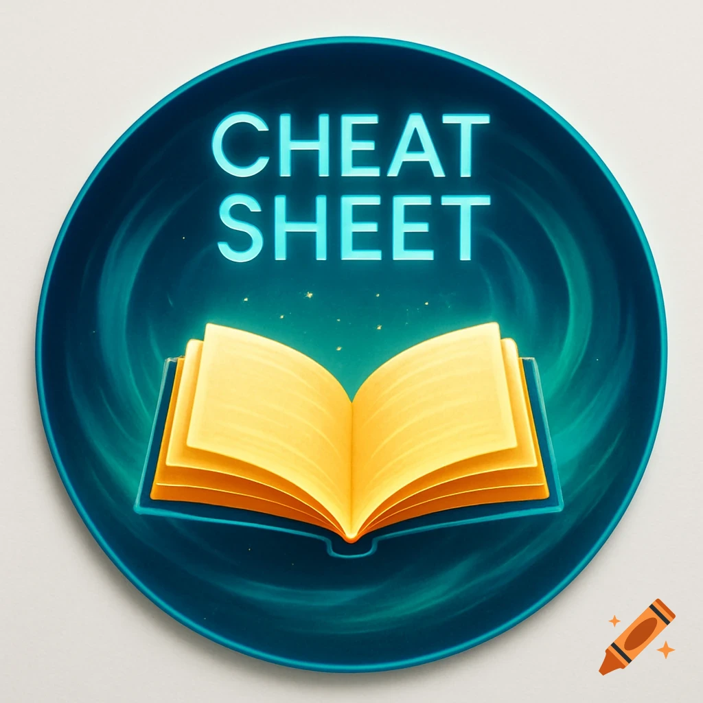 Dark teal circular icon with glowing blue 'CHEAT SHEET' text and an open yellow book.