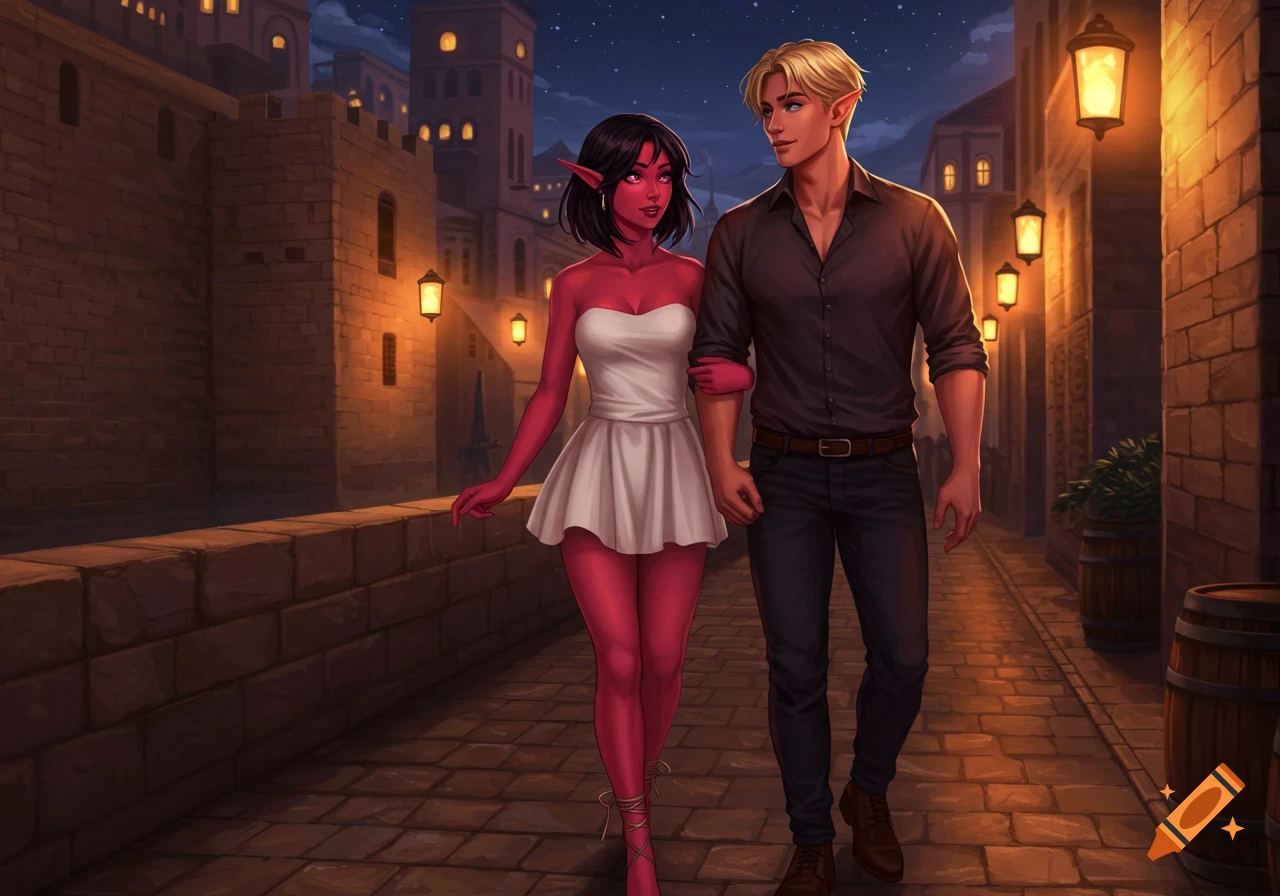 A red-skinned elf woman and an elf man walk arm-in-arm down a lantern-lit stone city street at night, in a fantasy illustration.