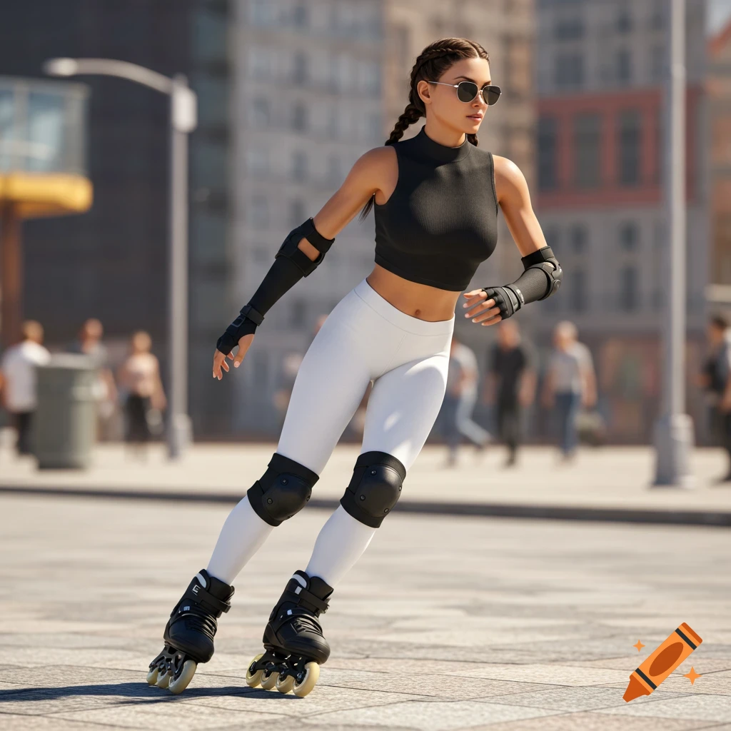 Hyperrealistic image of a woman rollerblading on a city street, wearing a black crop top, white leggings, and sunglasses.
