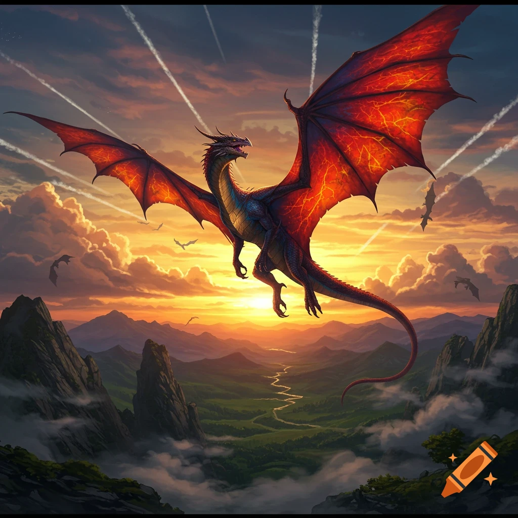 A majestic dragon with glowing red wings flies over a vast mountain landscape at sunset.
