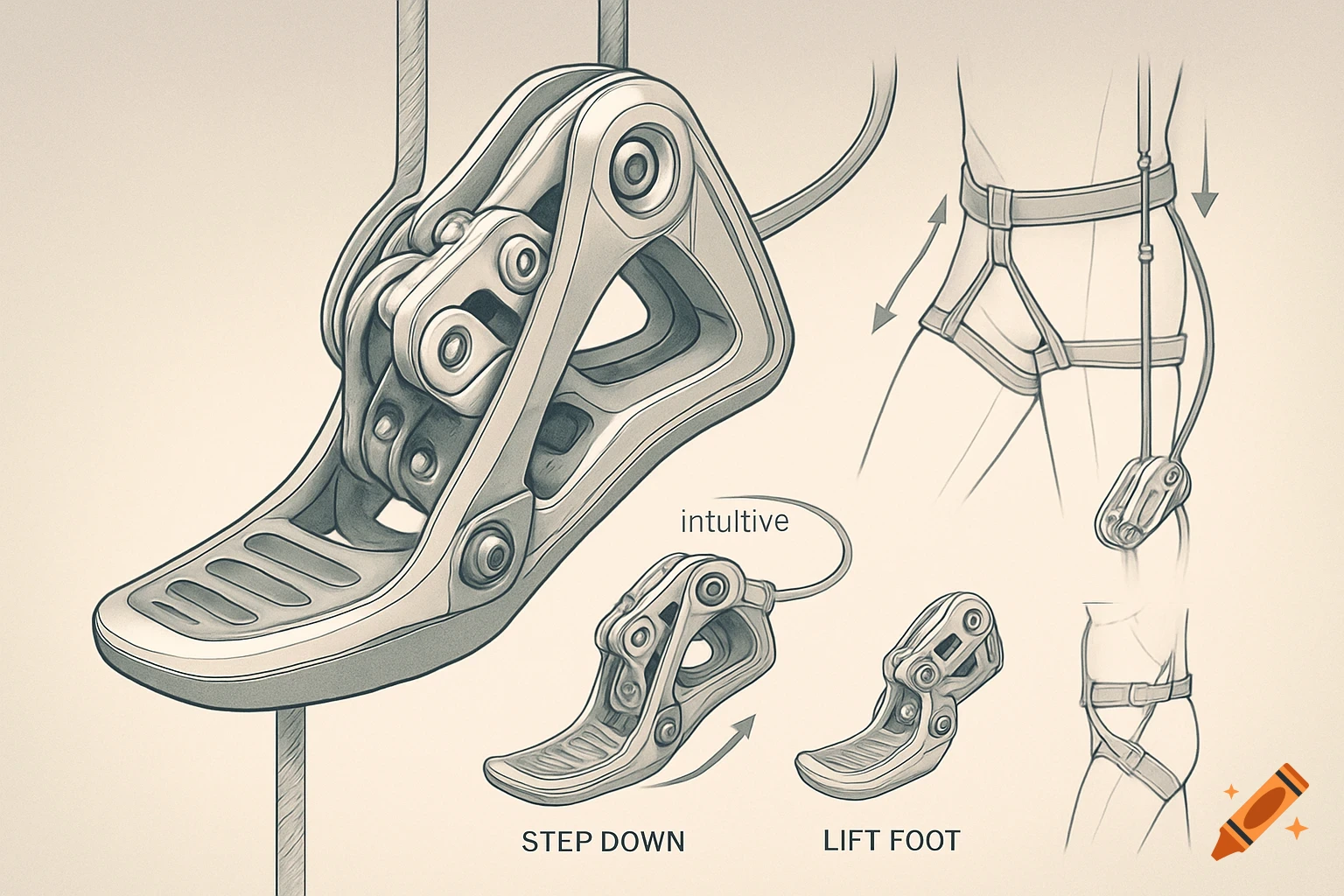 Technical drawing of a foot pedal rope gripper and climbing harness system, with labels 'STEP DOWN' and 'LIFT FOOT'.