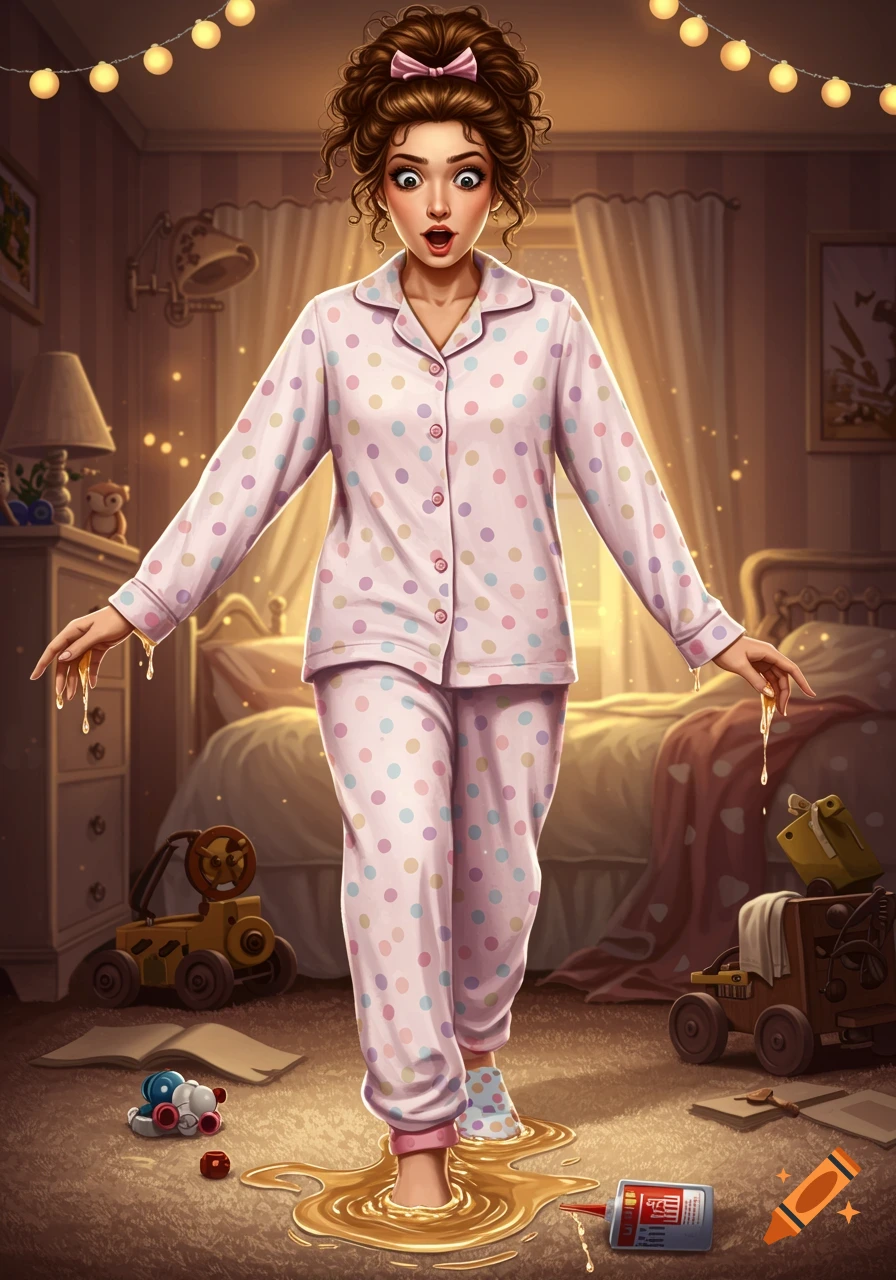 A surprised woman in pink polka-dot pajamas stands barefoot in a puddle of spilled glue in a bedroom, with glue dripping from her hands.