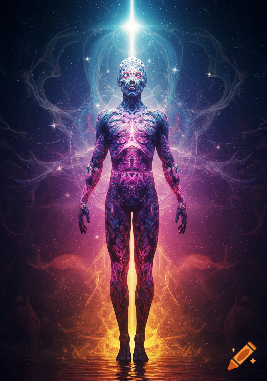 A vibrant, glowing human-like figure covered in intricate patterns stands under a beam of light against a starry, cosmic background.
