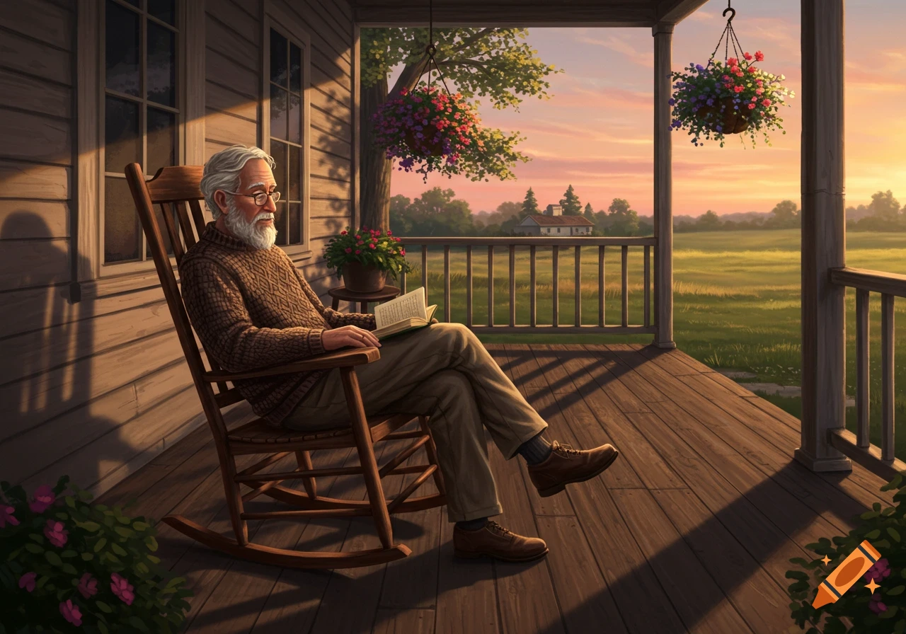 An old man with a beard and glasses reads a book in a rocking chair on a porch at sunset overlooking a field.