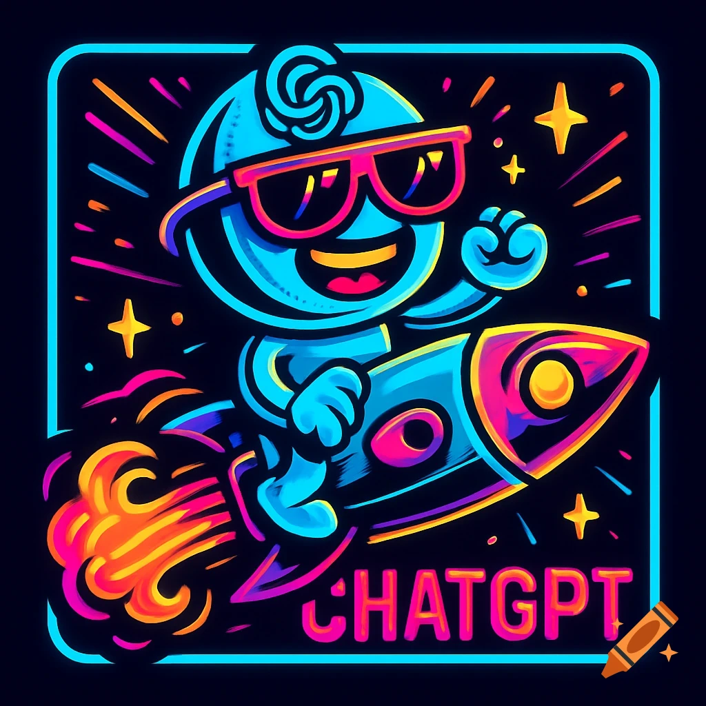Cartoon character with sunglasses riding a neon-colored rocket, text 'CHATGPT' below.