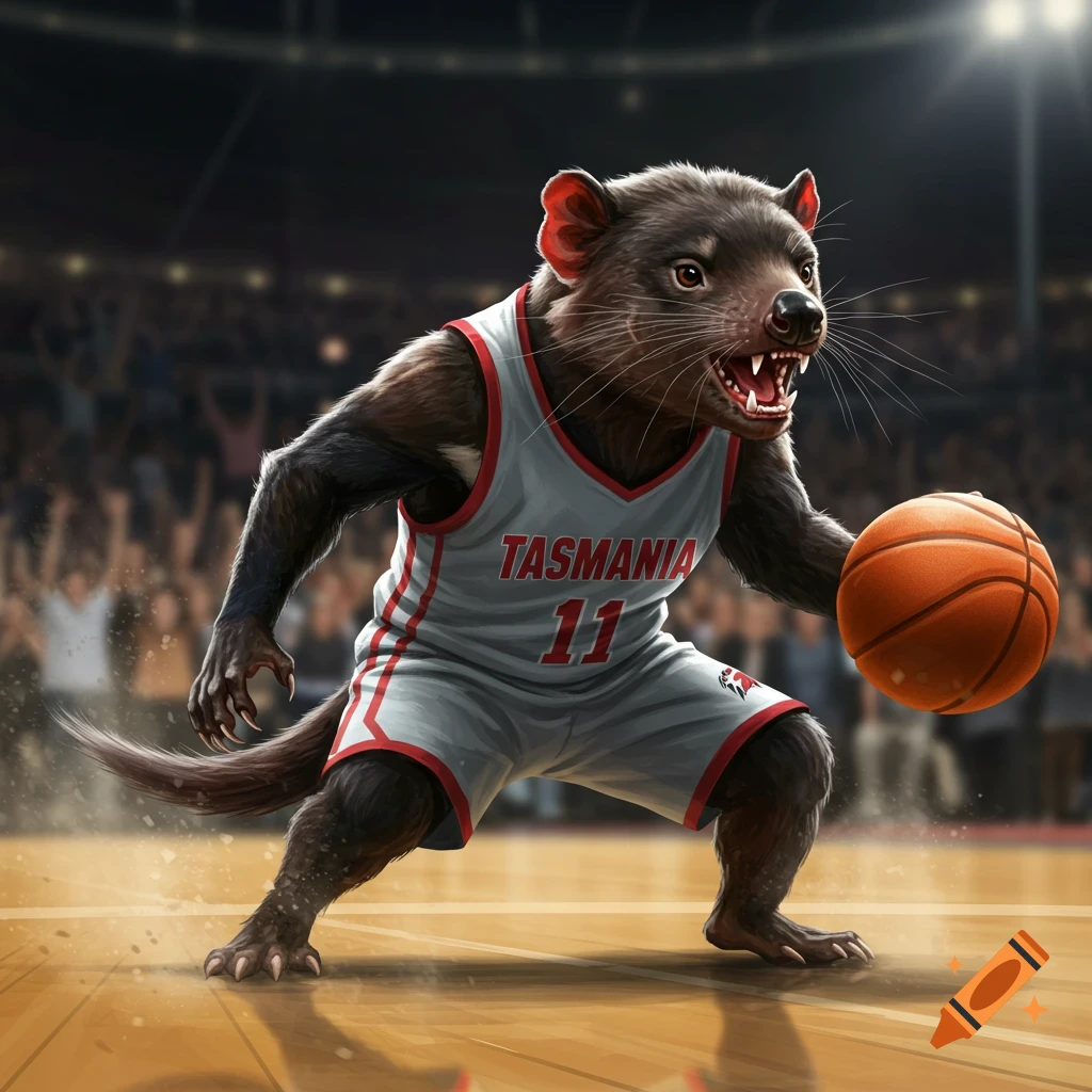 A cartoonish Tasmanian devil in a grey 'TASMANIA 11' basketball jersey dribbling a ball on a court during a game.