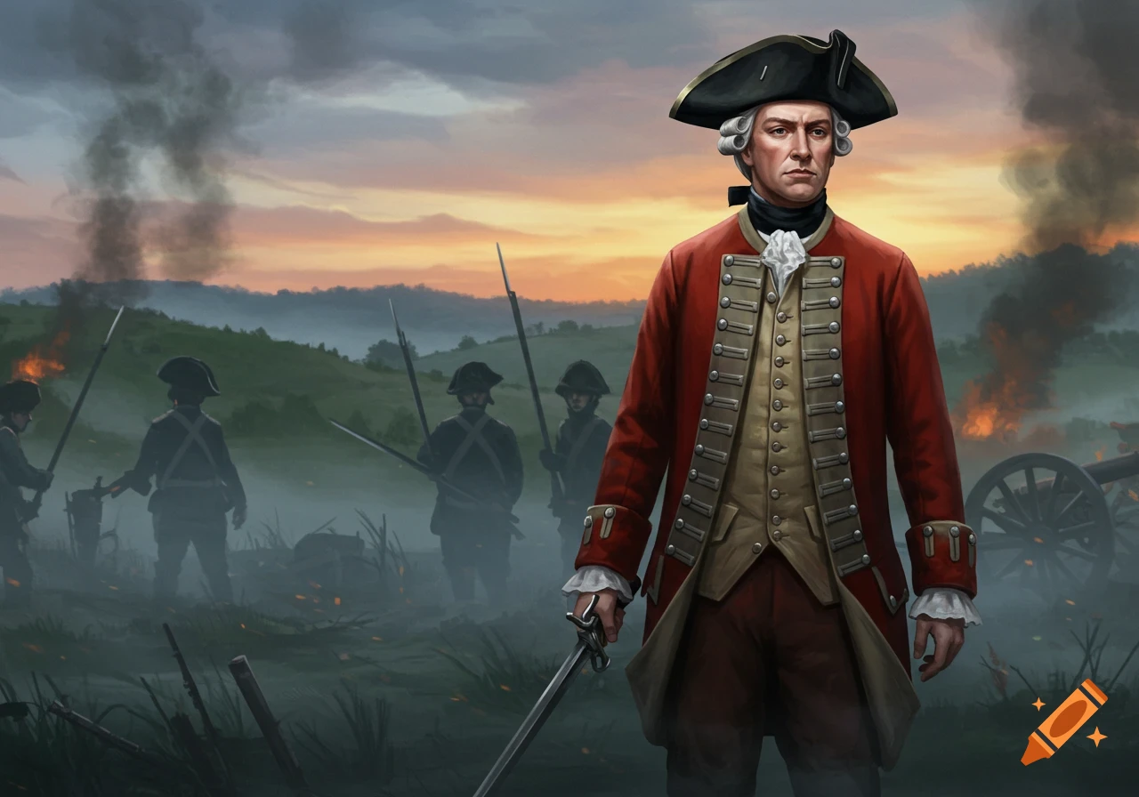 A determined 1700s British soldier in a red coat stands on a smoky battlefield at sunset, sword in hand. Illustrated.