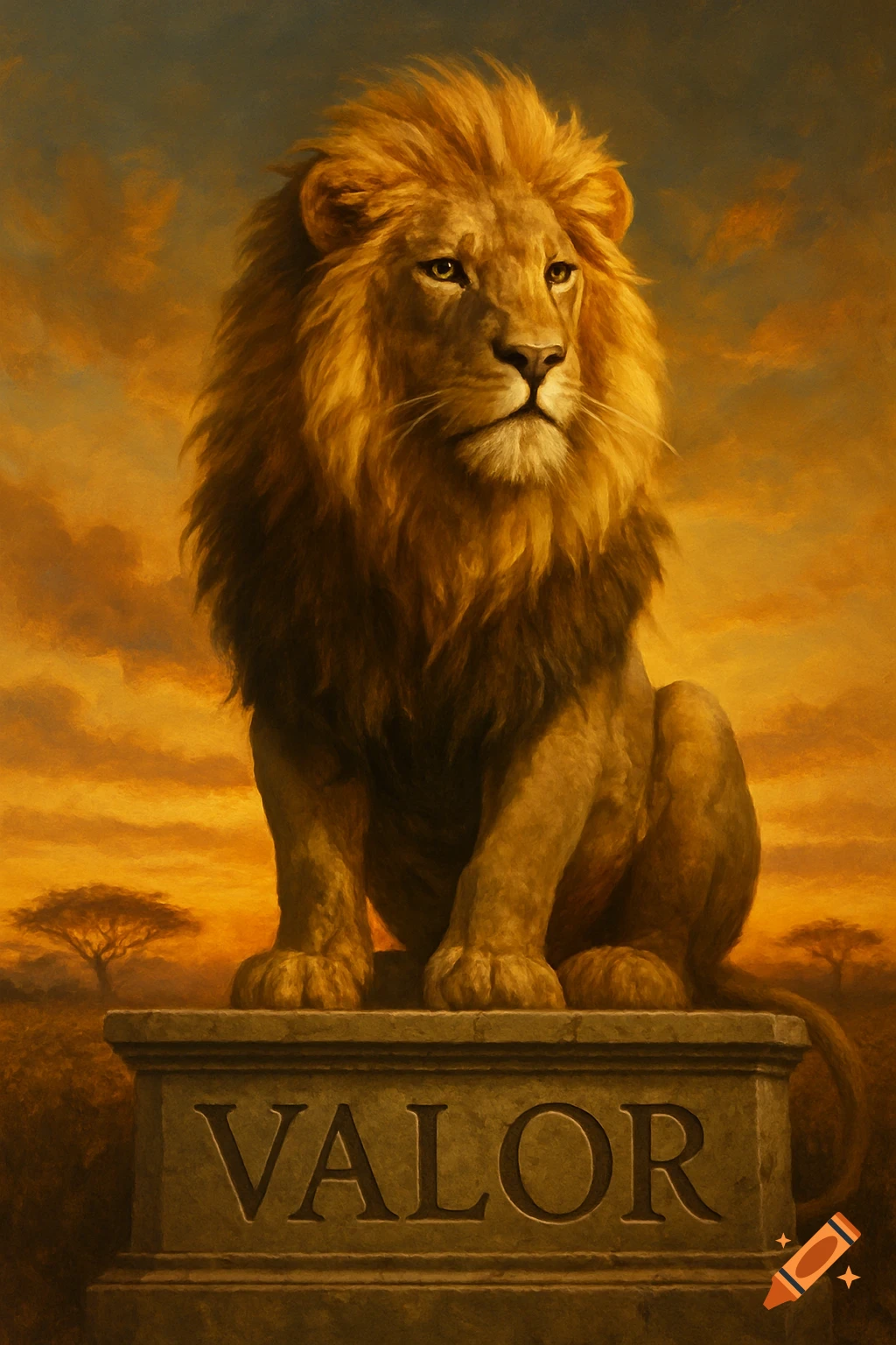 A majestic golden-maned lion sits on a stone pedestal with 'VALOR' carved into it, under an orange savanna sky.