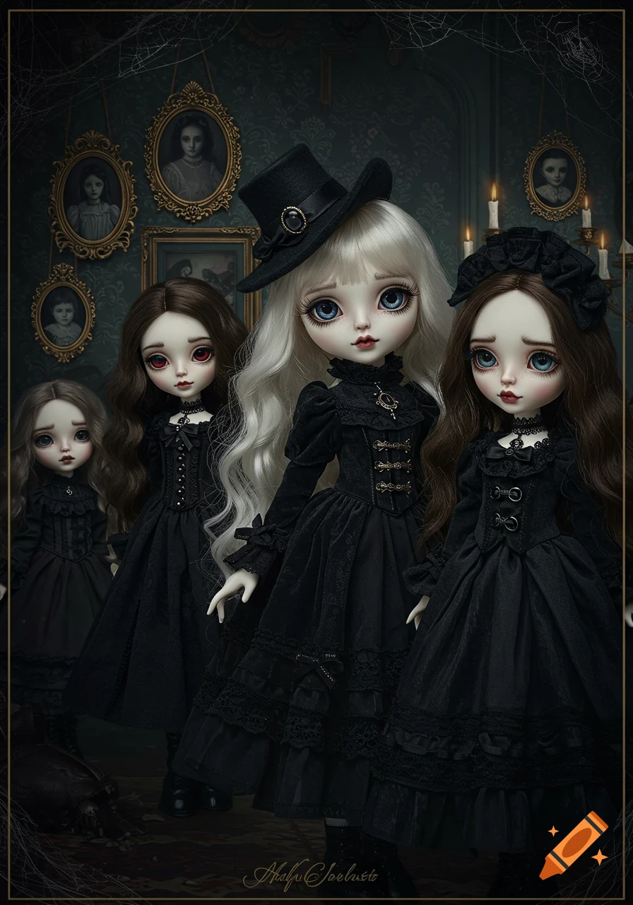 Four gothic dolls in elaborate black Victorian dresses stand in a dark, ornate room with framed portraits. One doll wears a top hat.