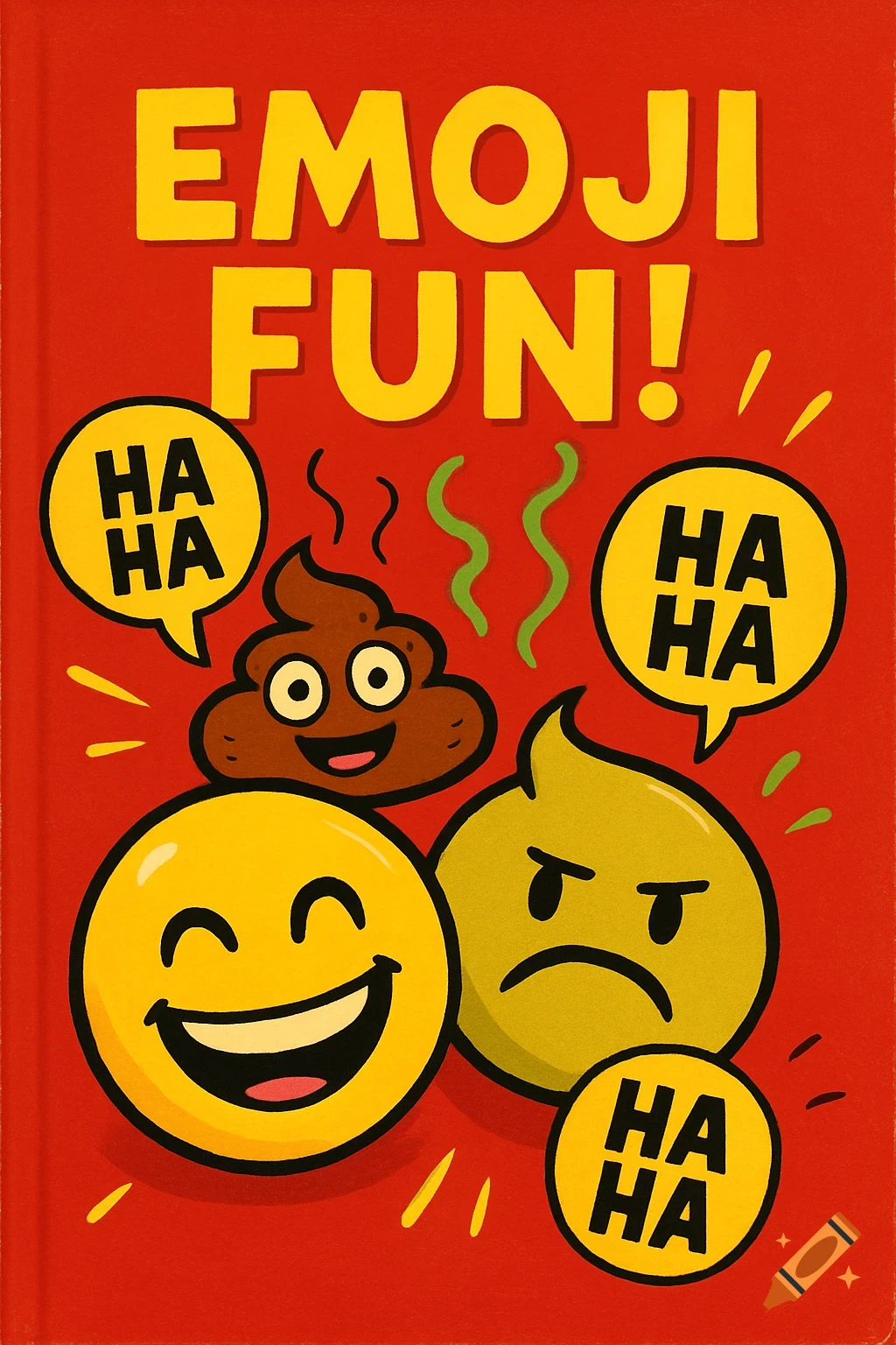 Red book cover with 'EMOJI FUN!' text, featuring a smiling emoji, laughing poo emoji, angry green emoji, and 'HA HA' speech bubbles.