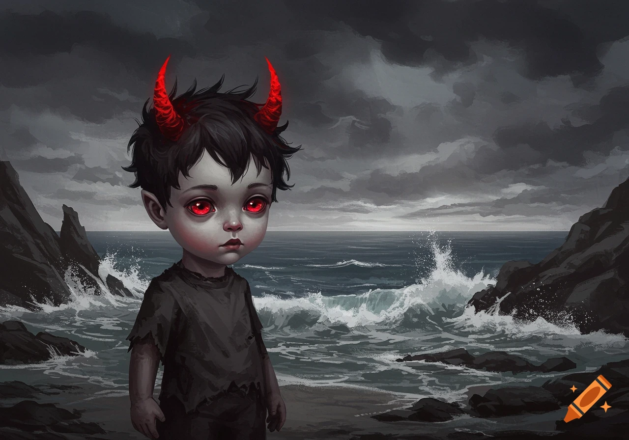 A stylized dark illustration of a child-like devil with red eyes and horns on a stormy, rocky beach.