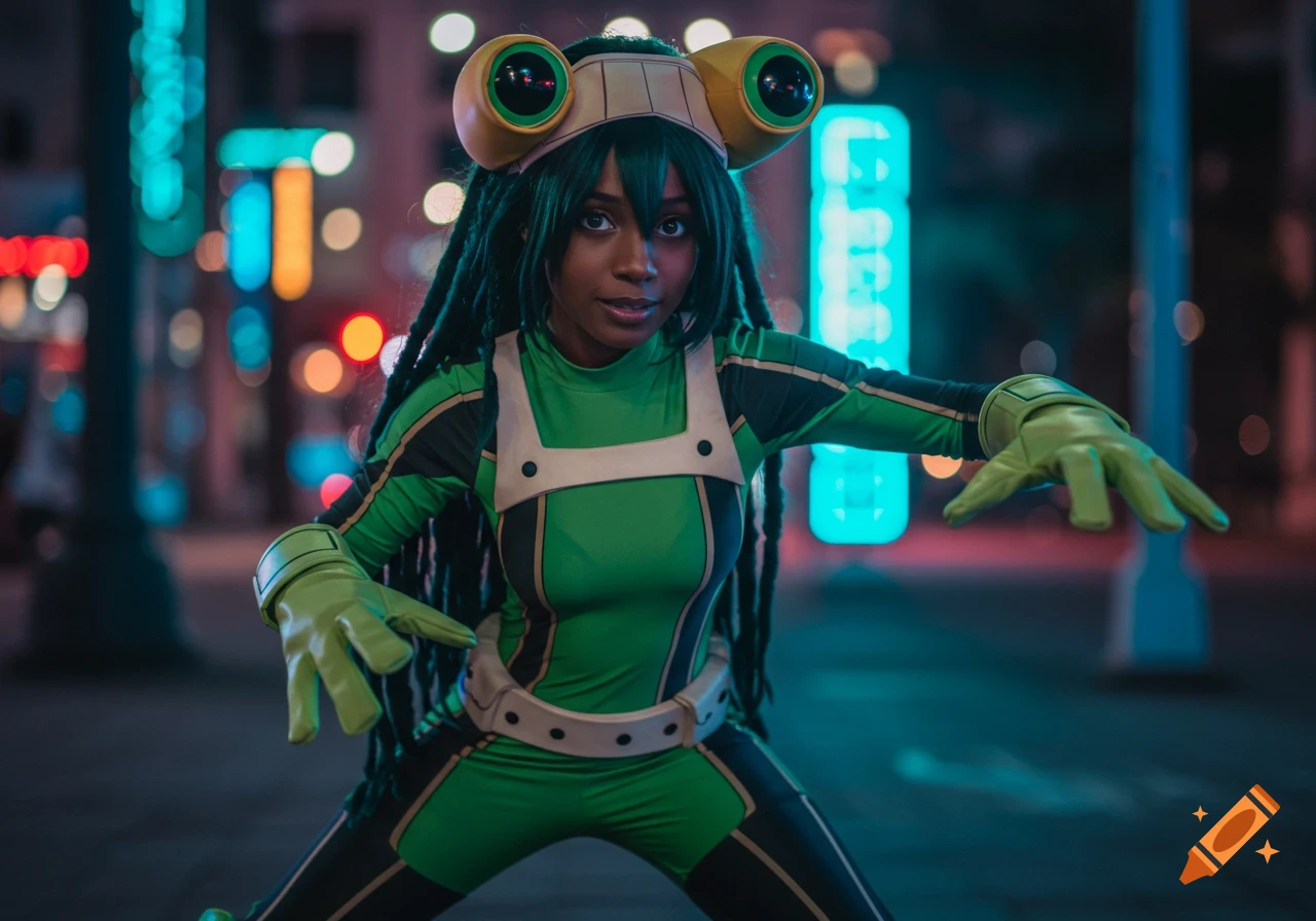 Photorealistic portrait of an African American woman in a green Tsuyu Asui cosplay, posing at night with city lights in the background.