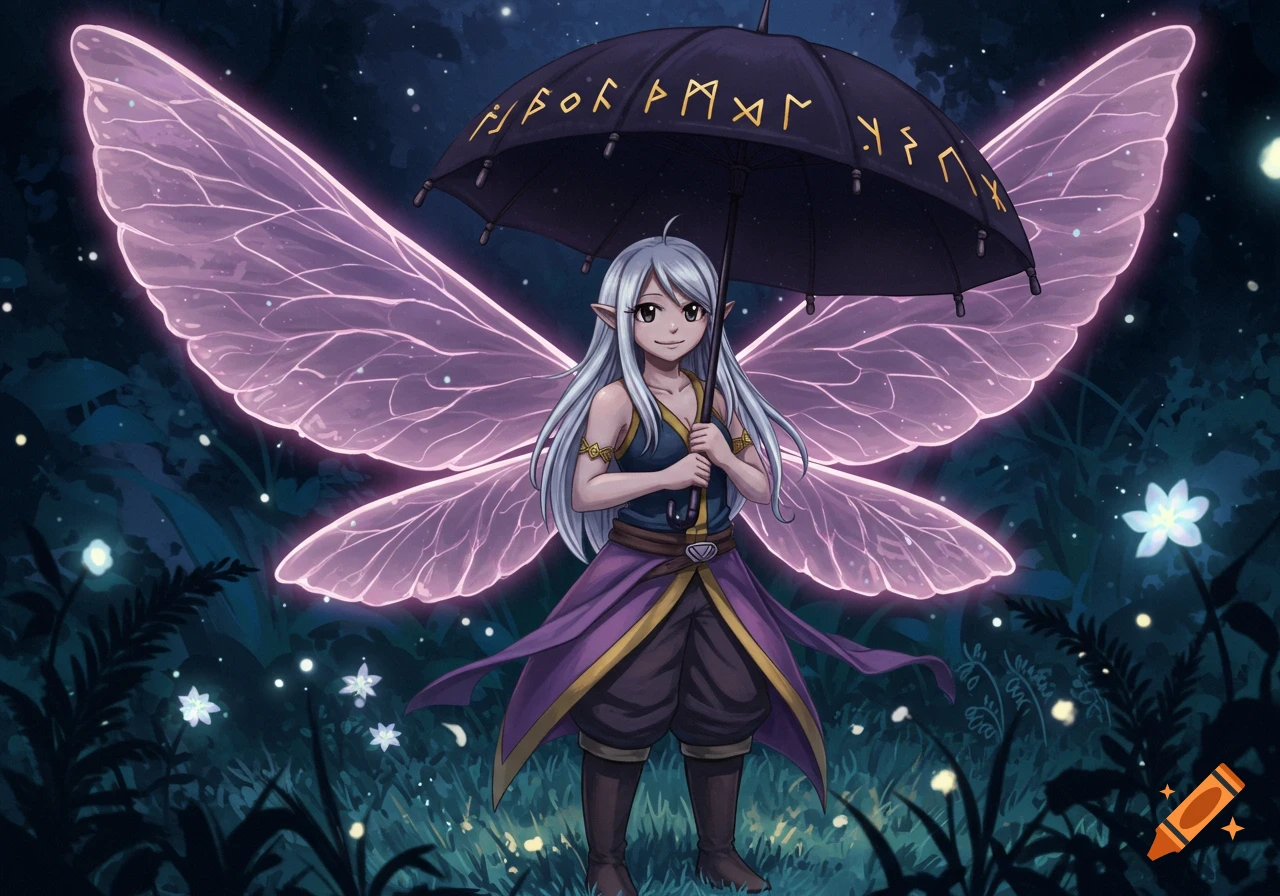 A fantasy character with white hair, glowing purple fairy wings, and a black umbrella stands in a dark, magical forest.