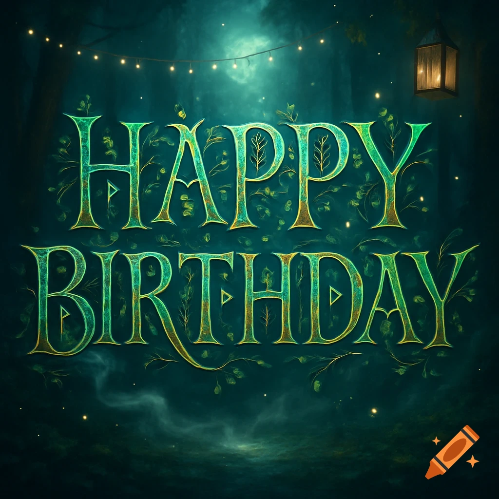 Ornate green and gold 'HAPPY BIRTHDAY' text with leafy details in a dark fantasy forest with string lights and a glowing lantern.