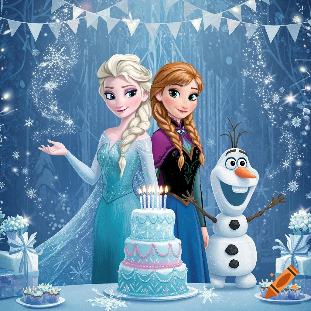 Elsa and Anna from Frozen celebrate a birthday with Olaf, a three-tiered cake, and presents in a snowy, festive setting.