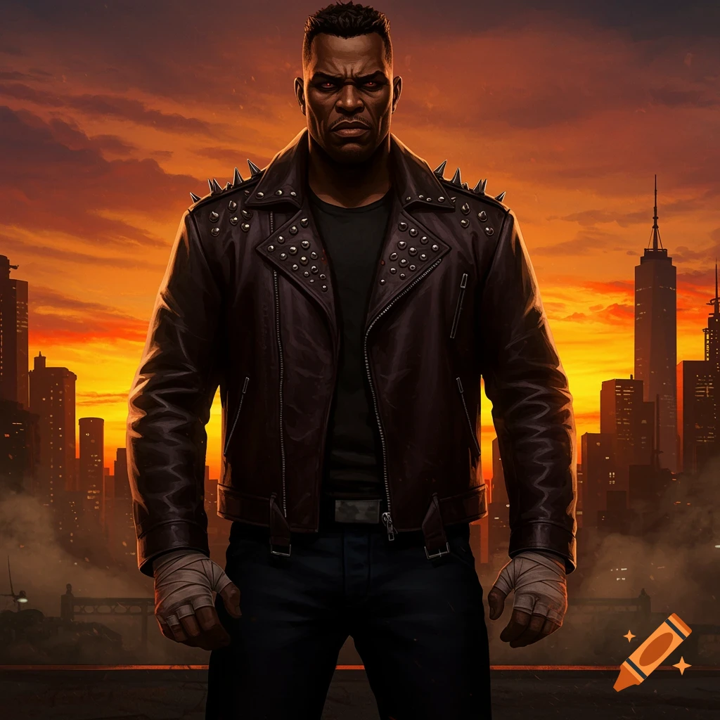 A muscular, dark-skinned man with glowing red eyes and a studded leather jacket stands in front of a city skyline at sunset, in a comic book style.