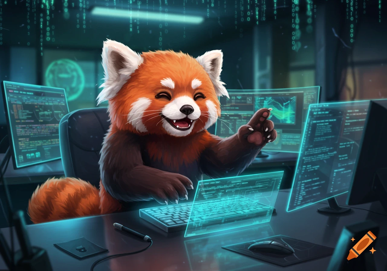 A happy, cartoon red panda with a big smile works intensely at a desk with multiple glowing computer screens displaying code.
