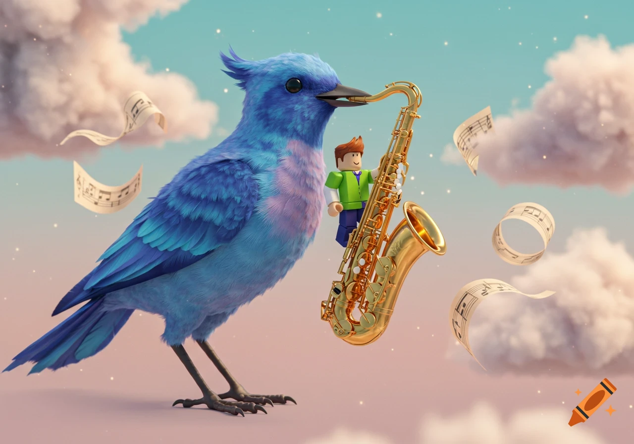A large blue bird holds a golden saxophone with a Roblox avatar perched on it, surrounded by floating musical notes and clouds in a digital art style.