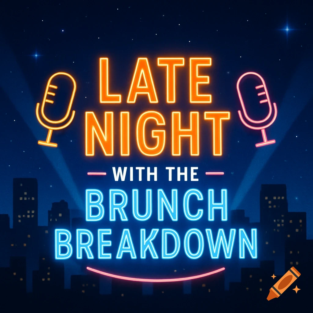 Neon logo for 'Late Night with the Brunch Breakdown' with microphones and a city skyline at night.