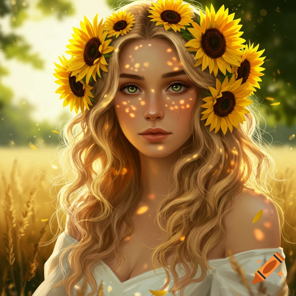 A young woman with wavy blonde hair and green eyes wears a sunflower crown in a golden field under dappled sunlight.