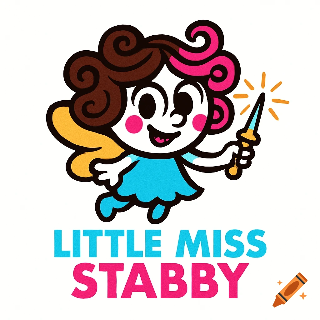 A cute, cartoon fairy character with brown and pink curly hair, blue dress, and yellow wings holds a dagger. The text 'LITTLE MISS STABBY' is below.