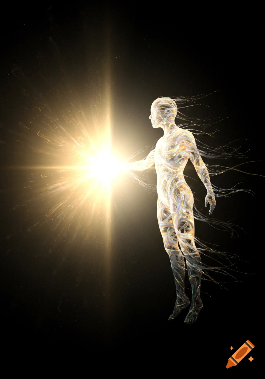 Glowing humanoid figure made of swirling light in a dark void, reaching toward a bright golden light source.